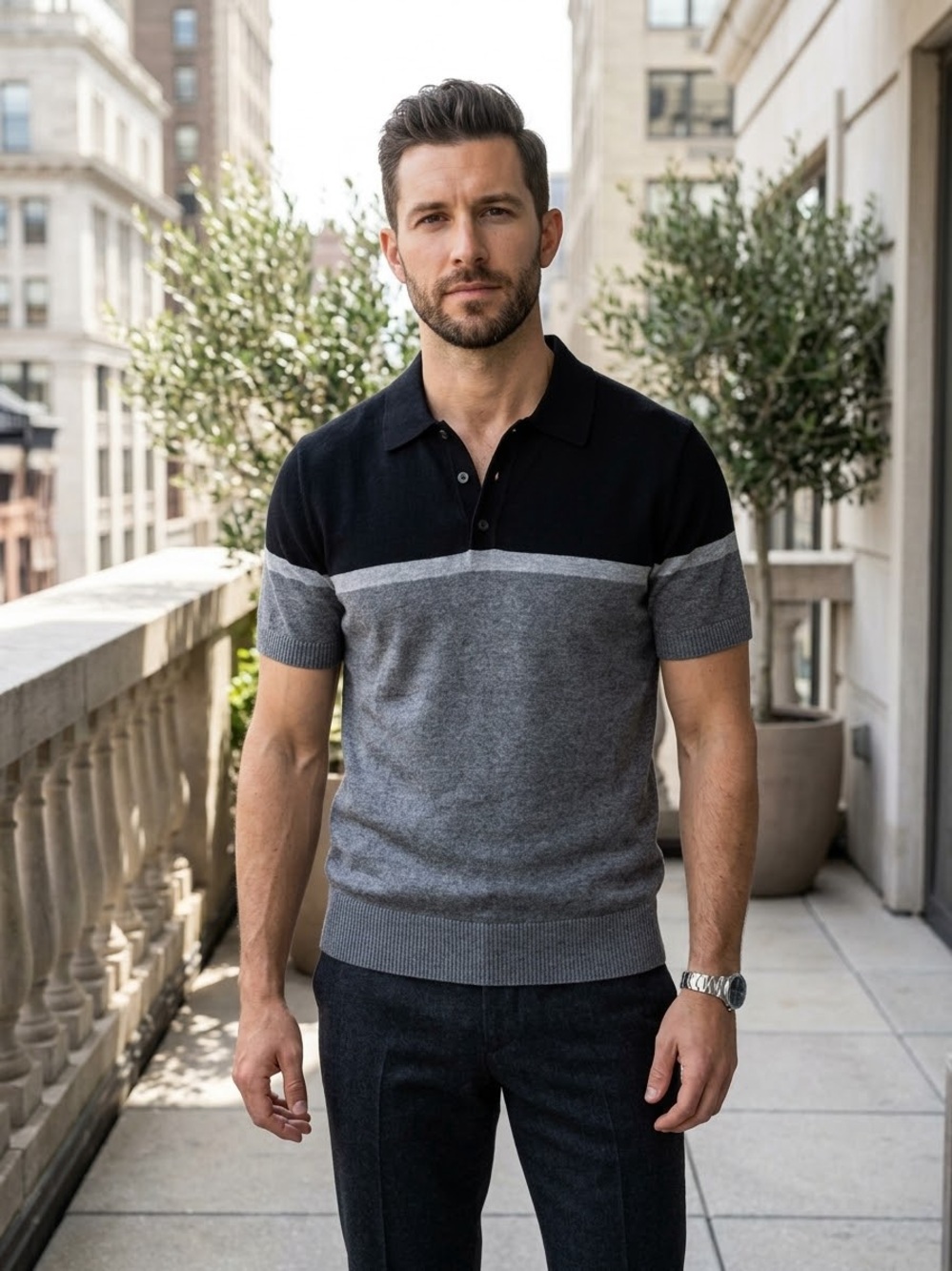 Goodfellow & Co Two-Tone Short-Sleeve Polo Black Gray S Cotton Knit Shirt